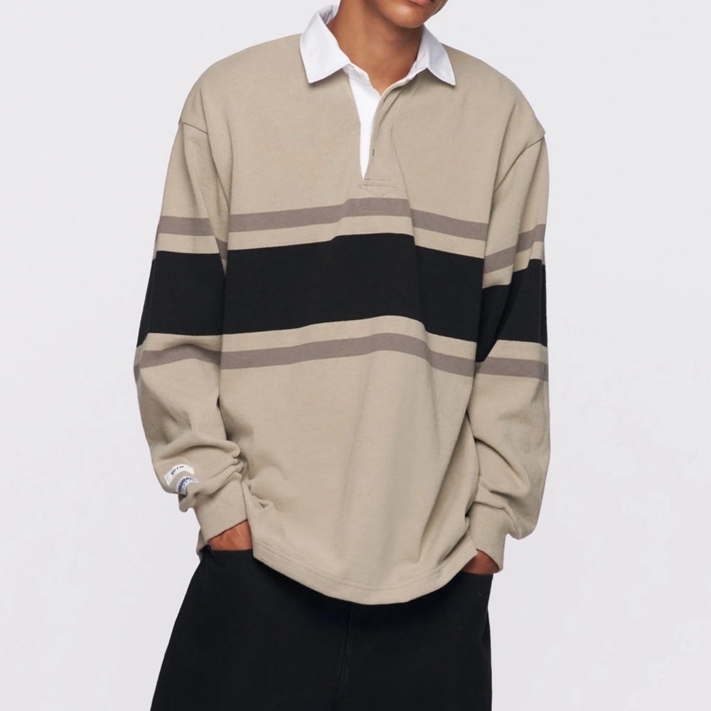 Kotn rugby polo in beige and black stripes